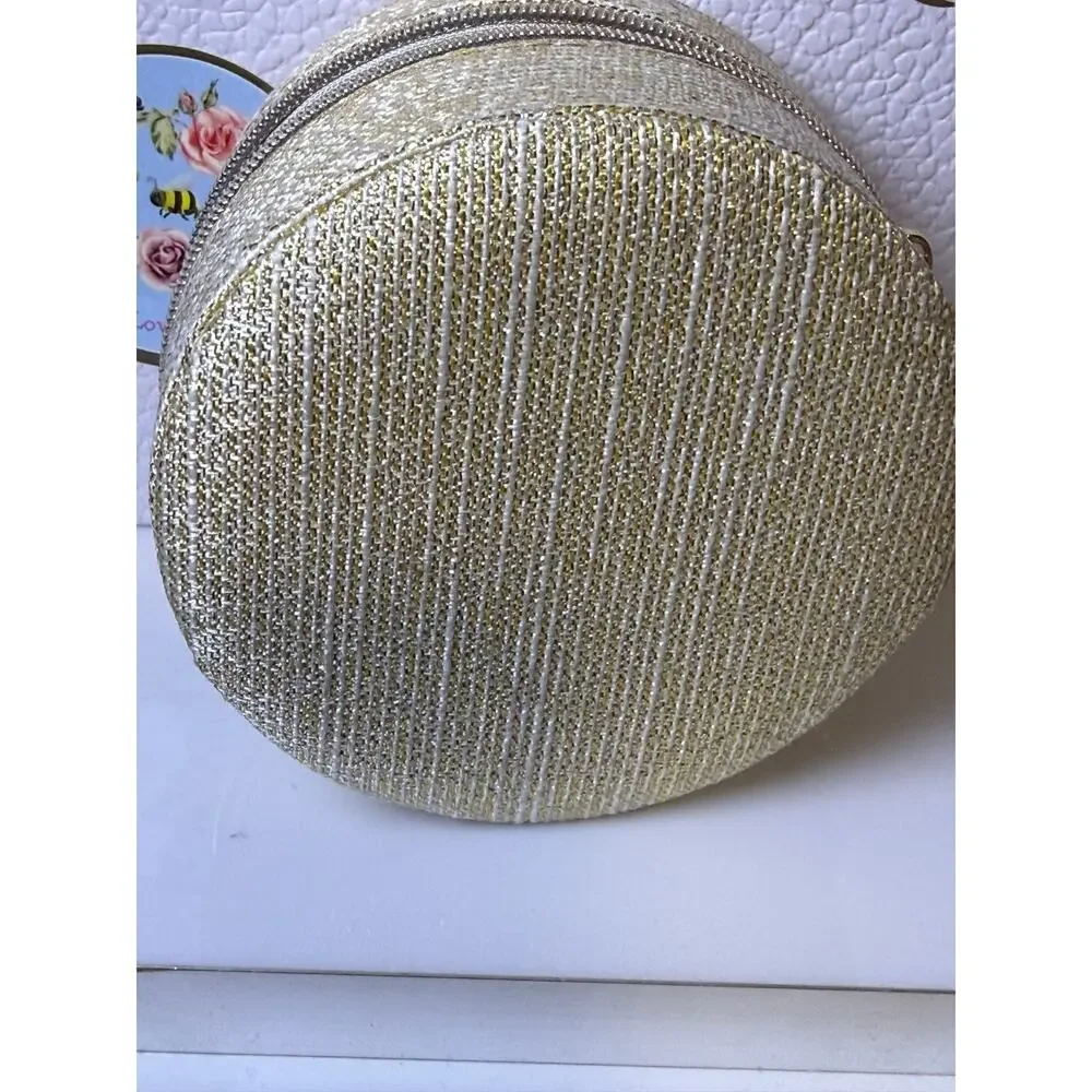 Dior Gold Glitter Designer Travel Jewelry Round Case Pouch w Black Mirror - NEW